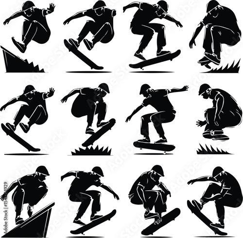 Skateboard Trick Pose Icon Silhouette – Cool Skater Action Pack Skater Mid-Trick Silhouette Set – Dynamic Skateboarding Icons