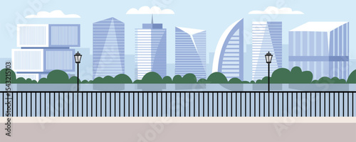 City park with lake and skyscraper view. Park bridge. Modern downtown in metropolitan area. Urban landscape.
