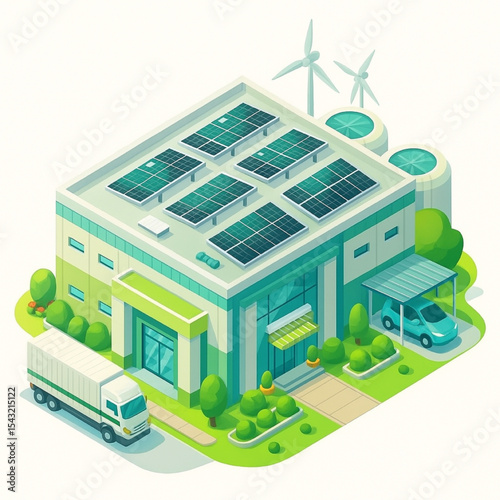 Sustainable Green Building with Solar Panels Wind Turbines Eco Friendly Design