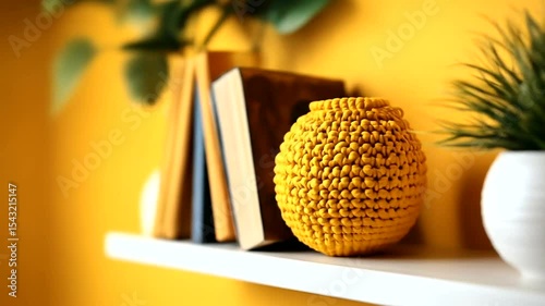 A vibrant shelf display featuring a yellow decorative vase and a white plant pot against a bright wall