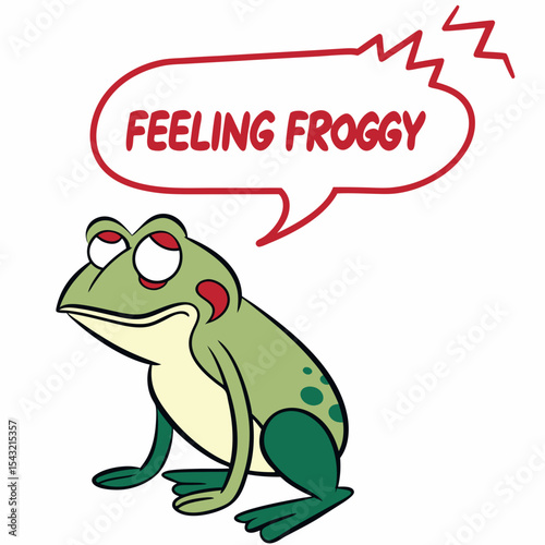 Tired green frog cartoon character feeling froggy speech bubble