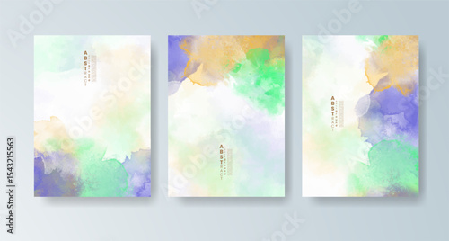 Set of cards with bright colorful vector watercolor background. Design for your date, postcard, banner.