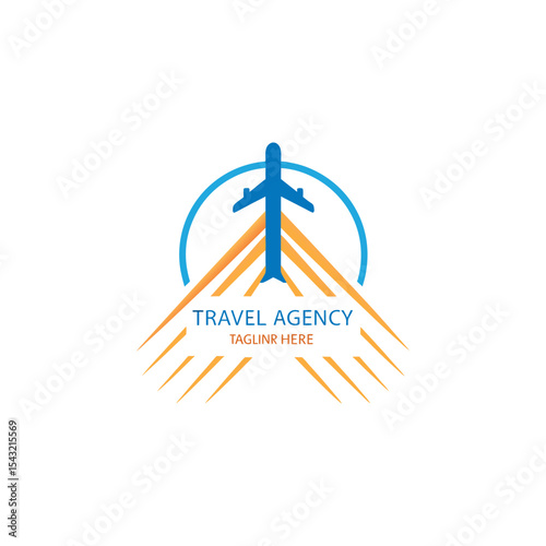 Travel agency vector logo with palm tree, aeroplane, global map, sun, and birds featuring logo for travel company 
