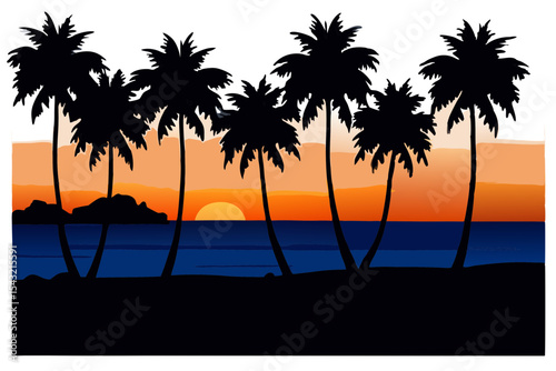 Beautiful Tropical Landscape with Sunset and Palm Trees Artwork