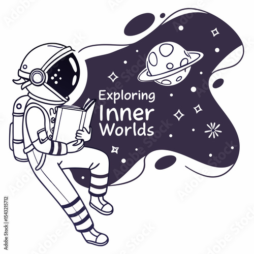 Astronaut reading book in space exploring inner worlds