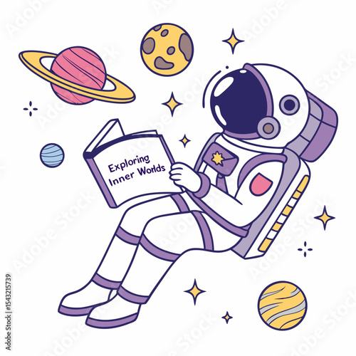 Astronaut reading exploring inner worlds book in space