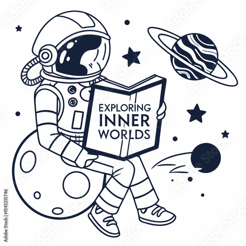 Astronaut reading book exploring inner worlds space galaxy stars planets