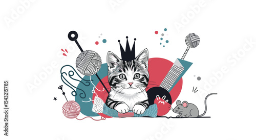 Whimsical Feline Kingdom An Adorable Illustration with Playful Elements and Royal Flair