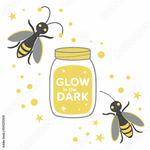Cute glow in the dark fireflies in a jar illustration