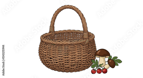 A Wicker Basket Filled With Harvested Goods From The Forest Floor Landscape