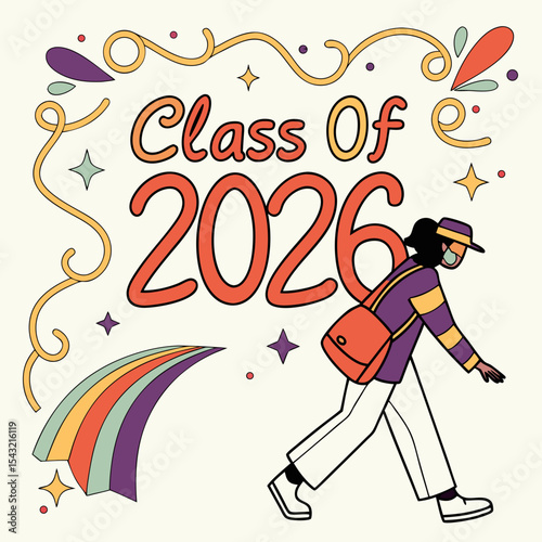 Class of 2026 graduation illustration retro style student walking rainbow