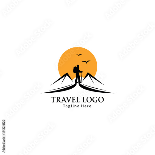 Travel agency vector logo with palm tree, aeroplane, global map, sun, and birds featuring logo for travel company 