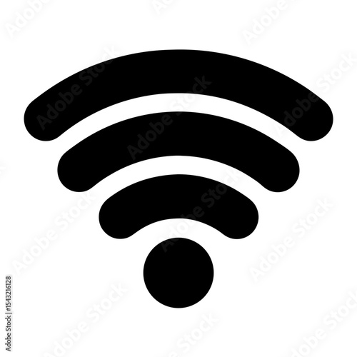 Black WiFi symbol denoting wireless internet connectivity on a white background