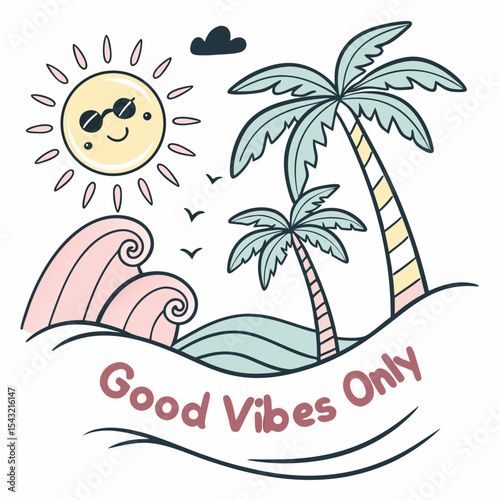 Happy sun palm trees ocean waves good vibes only summer illustration