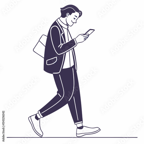 Young man walking using smartphone mobile phone