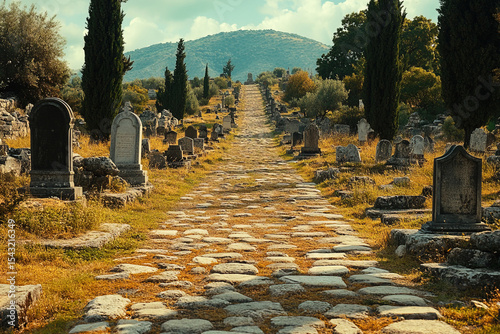 Cemetery path lined with memorials on a bright sunny day under a clear sky