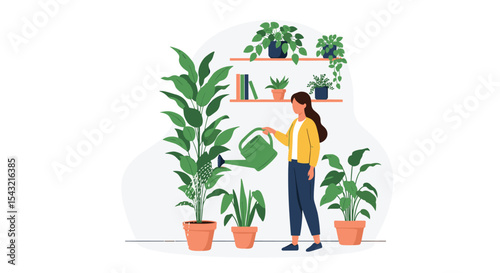 Woman Tending to Indoor Plants A Serene Depiction of Domestic Greenery and Care