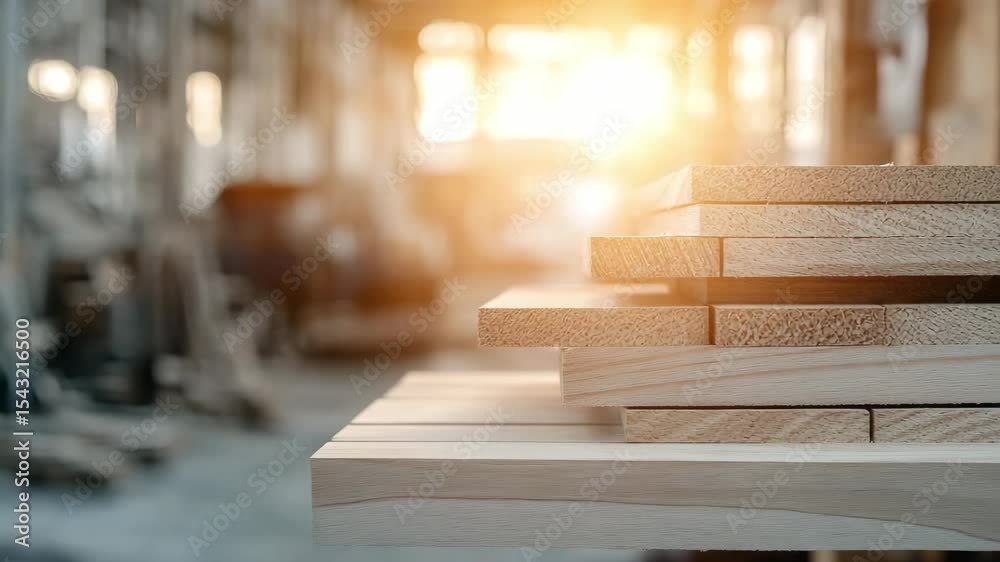 The atmosphere in the workshop is warm as sunlight casts a glow on stacked wooden planks. This setting showcases ongoing craftsmanship and the beauty of natural materials