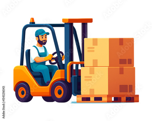 A bearded warehouse worker skillfully operates a forklift transporting stacked cardboard boxes on a pallet.