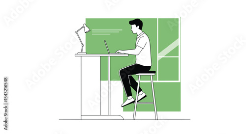A Young Man Working on a Laptop at a High Table in Front of a Big Window