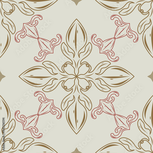 Whimsical Detailed Mythology Flowers Hand Drawn Filigree Seamless Pattern with Gold and Red Wine on Celadon Background. Fabulous Classical Ornament Repeat Design for Wallpaper Carpet Bedding Apparel