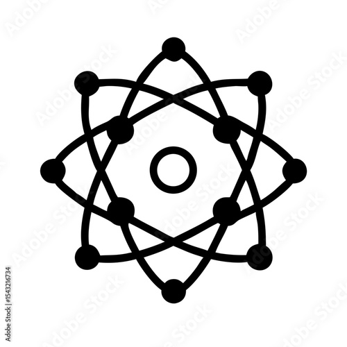 Atom model icon, science symbol, black and white illustration
