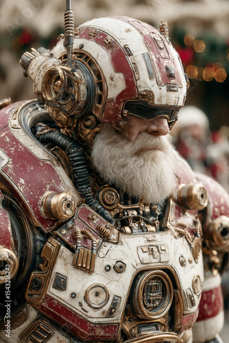 Robot Santa Claus stands proudly near a quantum fir adorned with festive decorations and toys