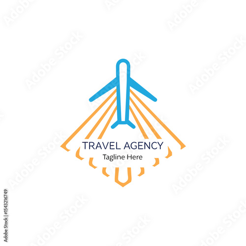 Travel agency vector logo with palm tree, aeroplane, global map, sun, and birds featuring logo for travel company 
