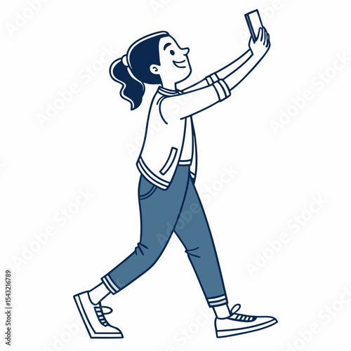 Happy young woman taking selfie walking outdoors mobile phone