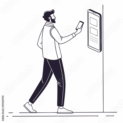 Man using smartphone near interactive wall display