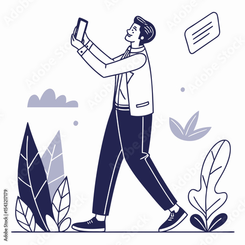 Man walking and taking a selfie with smartphone outdoors