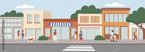 People walking at storefront. People in front cafe store. Cafeteria and food court area. City building. Cartoon building. 