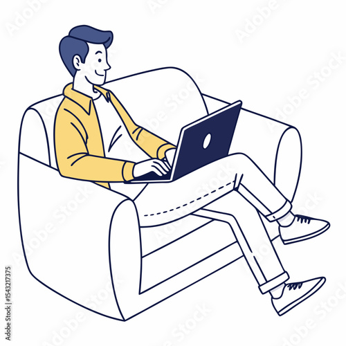 Man relaxing on comfy couch using laptop computer