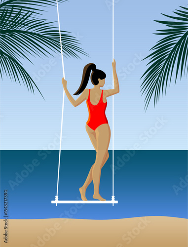 Girl on swing in red swimsuit