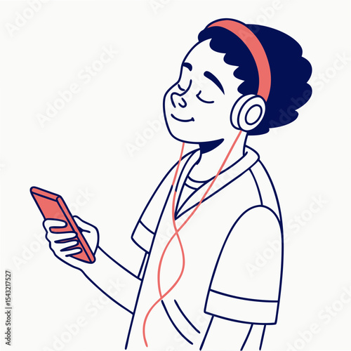 Happy person listening music with headphones and smartphone on white background