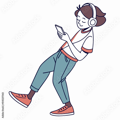Young person listening music smartphone headphones clean cutout illustration