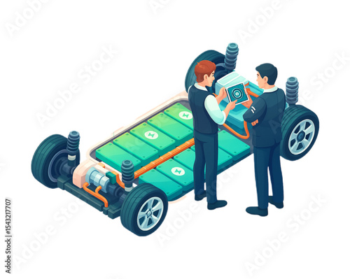 Electric Vehicle Battery System Engineers Inspecting Car Components Using Tablet