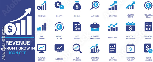 Modern icon set for revenue, profit, income, ROI, business growth, and financial reports. Ideal for finance apps, dashboards, KPI tracking, and investment analysis.
