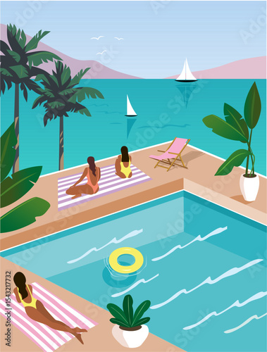Girls sunbathing on the pool