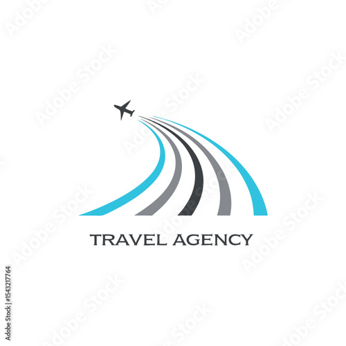 Travel agency vector logo with palm tree, aeroplane, global map, sun, and birds featuring logo for travel company 