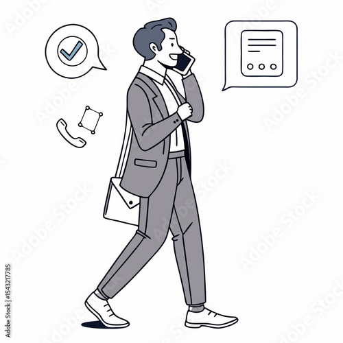 Businessman walking talking phone successful deal confirmed