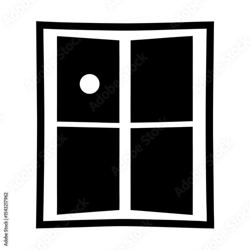 Cartoon window with a moon outside at night in black and white