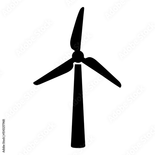 Silhouette image of a wind turbine against a plain white background providing power