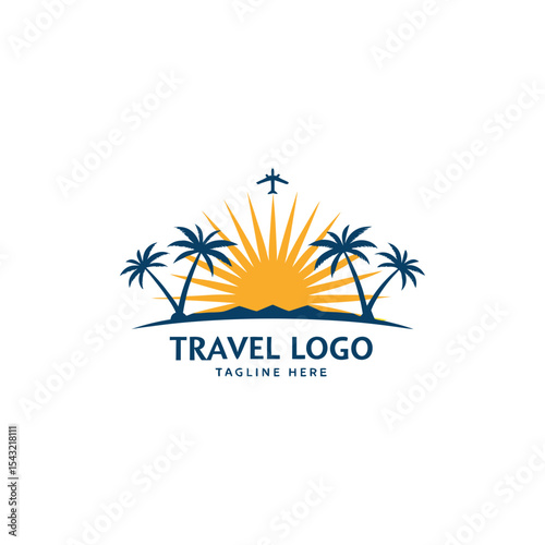 Travel agency vector logo with palm tree, aeroplane, global map, sun, and birds featuring logo for travel company 