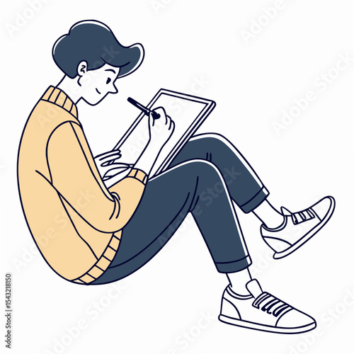 Young man using digital tablet stylus design illustration