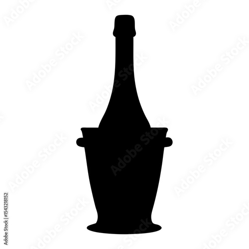 Silhouette of a champagne bottle in an ice bucket, against a white background