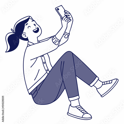 Happy young woman taking selfie with smartphone sitting floor
