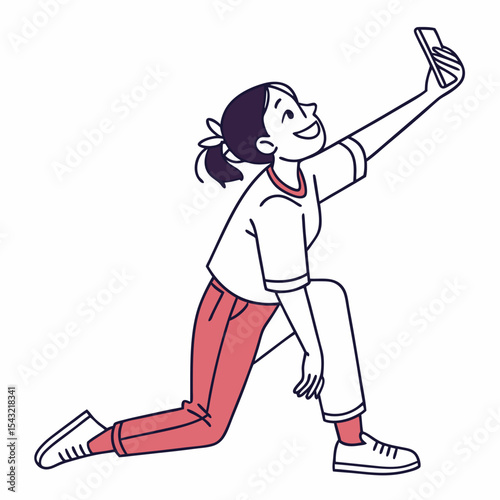 Happy young woman taking selfie kneeling smartphone photo