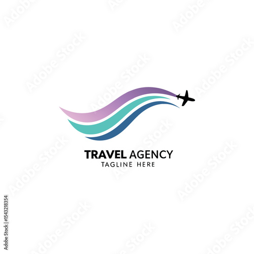 Travel agency vector logo with palm tree, aeroplane, global map, sun, and birds featuring logo for travel company 