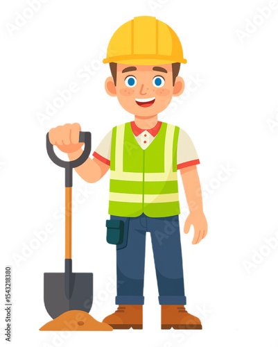 Happy young construction worker kid holding shovel ready for building project illustration